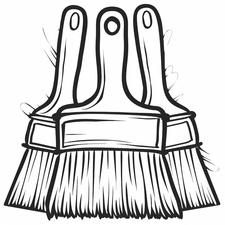 Foto ilustración en blanco y negro de tres grandes pinceles con cerdas orientadas hacia abajo ideales para conceptos de arte y diseño
