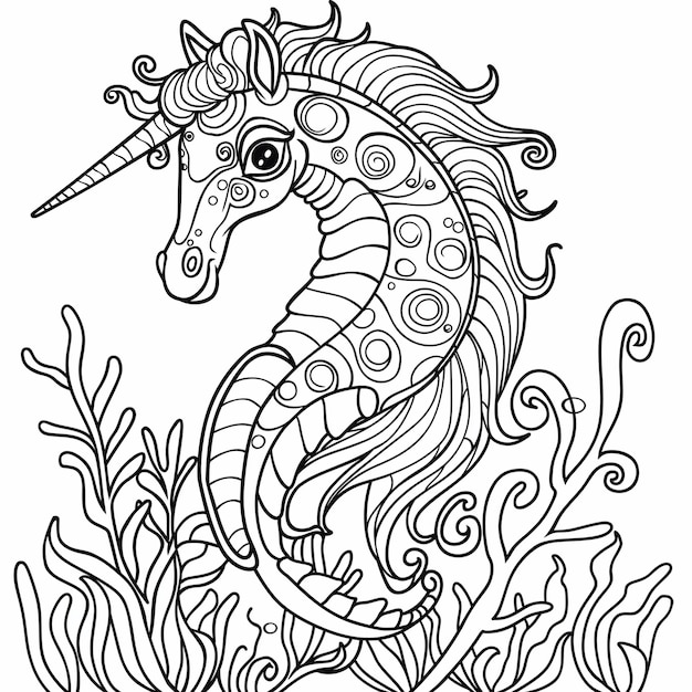 Ilustración en blanco y negro de un unicornio montando un caballo de mar