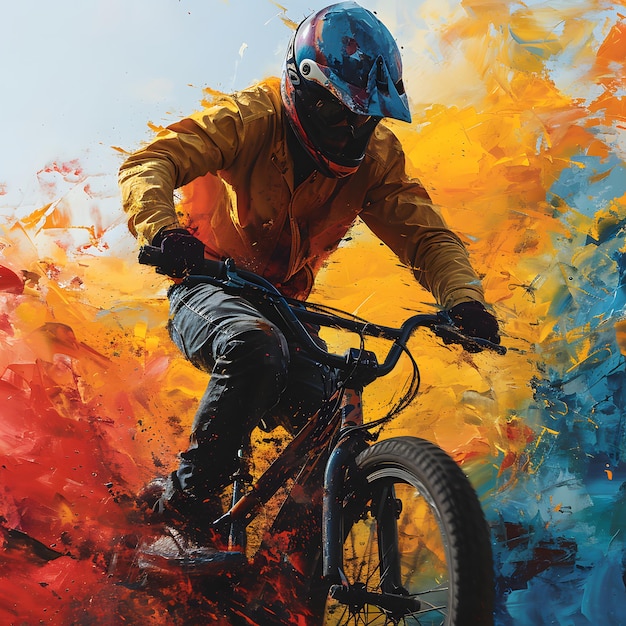 Ilustración de BMX Rider Freestyler con pintura de salpicaduras coloridas Biker de montaña montando una bicicleta