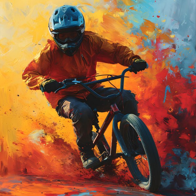 Ilustración de BMX Rider Freestyler con pintura de salpicaduras coloridas Biker de montaña montando una bicicleta