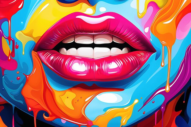 Ilustración de una boca femenina con labios brillantes y salpicaduras de pintura de colores Pop Art Ai Generado