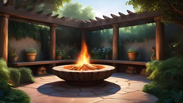 Foto ilustración de boceto de un espacio al aire libre cómodo de la casa con elementos como una pérgola de pozo de fuego
