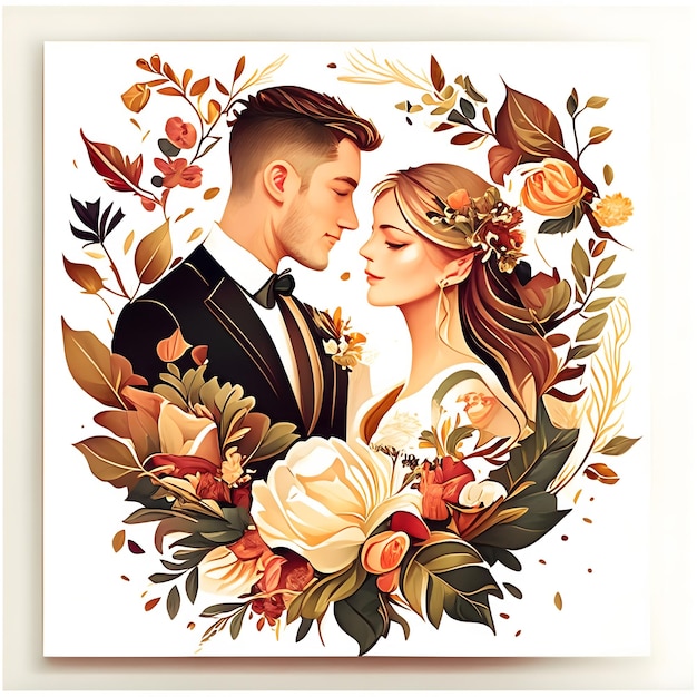 ilustración de boda en medio de una corona floral