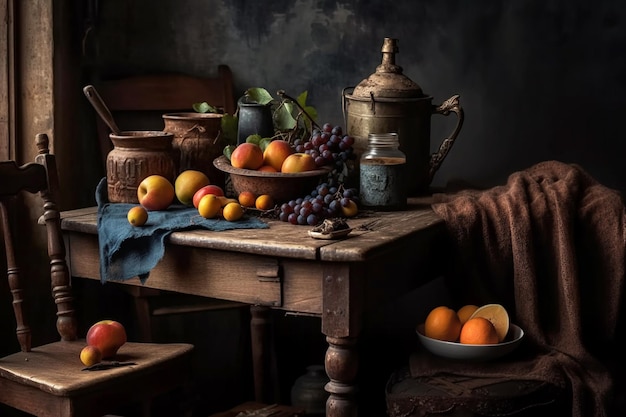 Ilustración bodegón con fruta sobre mesa de madera cocina rústica en tonos dramáticos Generador de IA