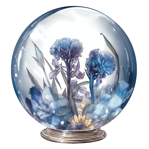 Ilustración de bola de cristal azul floral floral acuarela de fantasía