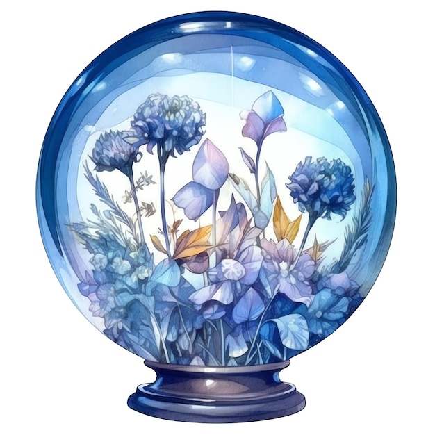 Ilustración de bola de cristal azul floral floral acuarela de fantasía