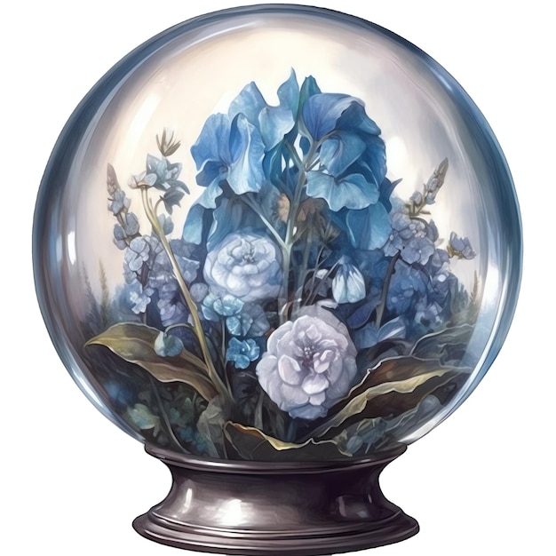 Ilustración de bola de cristal azul floral floral acuarela de fantasía