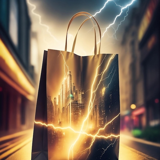 Ilustración de una bolsa de compras dorada de una boutique en un centro comercial con efecto relámpago