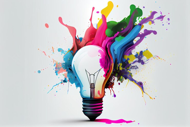 Ilustración de bombilla colorida con salpicaduras de colores sobre fondo blanco generativo ai