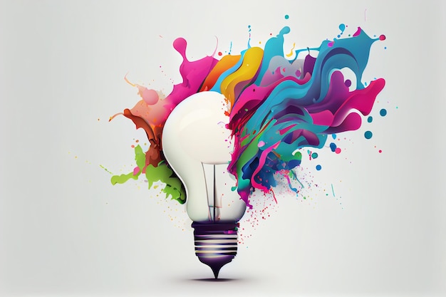 Ilustración de bombilla colorida con salpicaduras de colores sobre fondo blanco generativo ai