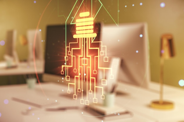 Ilustración de bombilla creativa con microcircuito en el concepto de tecnología futura de fondo de computadora moderna Exposición múltiple