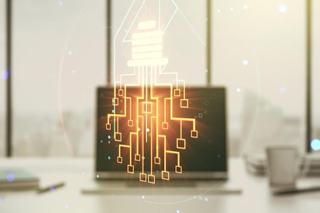 Ilustración de bombilla creativa con microcircuito en el concepto de tecnología futura de fondo de computadora moderna Exposición múltiple