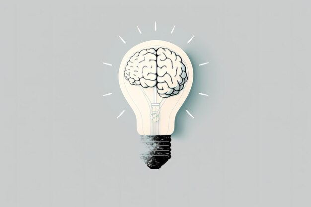 Ilustración de bombilla con ideas cerebrales y fondo de concepto de creatividad IA generativa