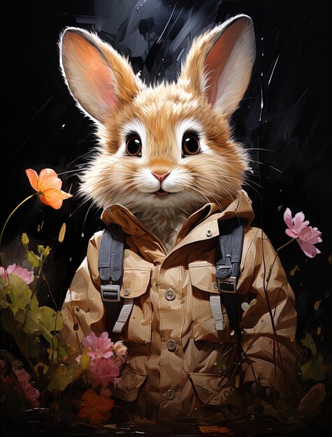 Ilustración de un bonito conejo sosteniendo y rodeado de flores.