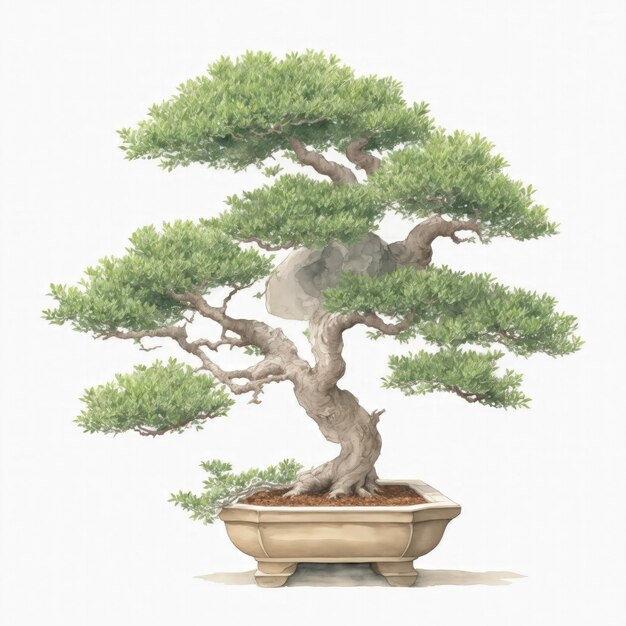 Ilustración de bonsai de árbol de boj en el estilo de acuarela sobre un fondo blanco