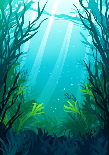 ilustración de un bosque de algas marinas con rayos de sol y agua generadora ai