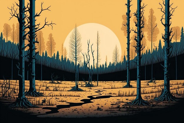 Ilustración de un bosque con árboles talados y tierra seca después del calor en verano