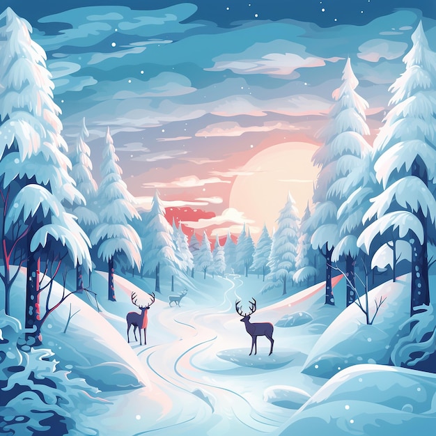 Una ilustración de un bosque cubierto de nieve.
