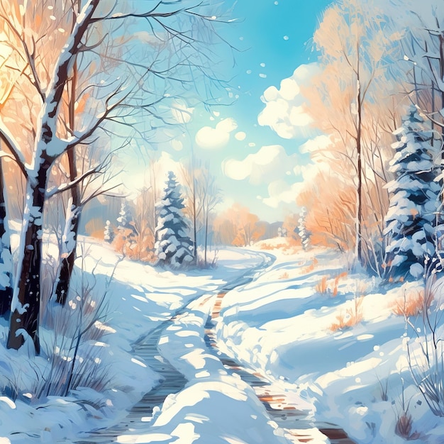 Una ilustración de un bosque cubierto de nieve.