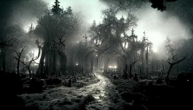Ilustración de bosque embrujado en una noche sombría.Ilustración 3D.Utilice técnicas de desenfoque de pintura digital.