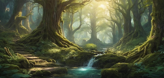 Foto ilustración de un bosque de fantasía con un árbol enorme y un río que fluye pintura digital