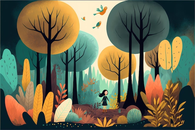 Ilustración del bosque de fondo, colorido con estilo plano único, para todos los tipos de imprimibles que desee