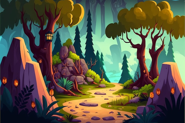 Ilustración de bosque de fondo, paisaje de estilo de dibujos animados, fondo de naturaleza interminable para juegos de computadora