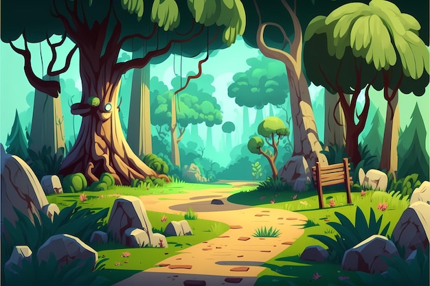 Ilustración de bosque de fondo, paisaje de estilo de dibujos animados, fondo de naturaleza interminable para juegos de computadora