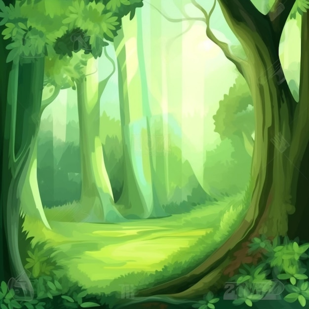 Ilustración de un bosque con un fondo verde
