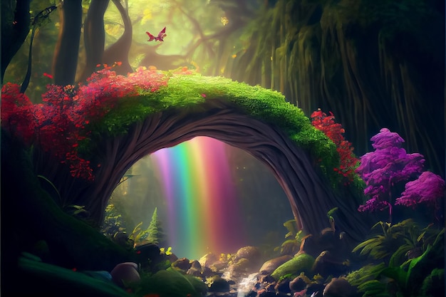 Ilustración de bosque mágico con arco iris y árbol AI