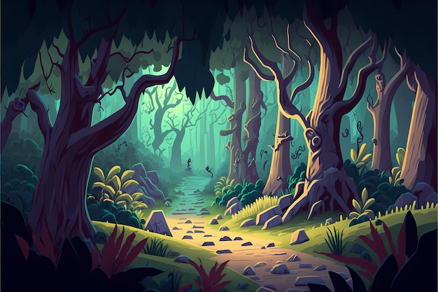 Ilustración de bosque místico de fondo, paisaje de estilo de dibujos animados, fondo de naturaleza sin fin