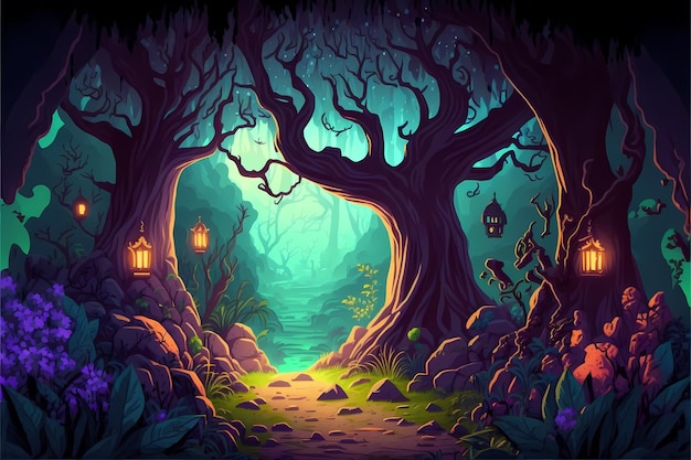 Ilustración de bosque místico de fondo, paisaje de estilo de dibujos animados, fondo de naturaleza sin fin