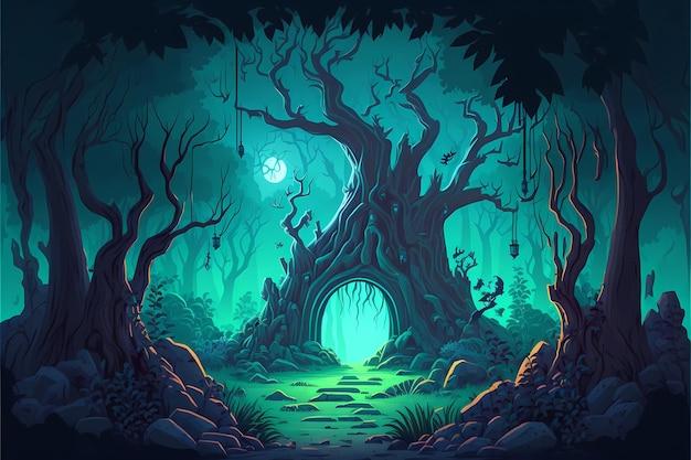 Ilustración de bosque místico de fondo, paisaje de estilo de dibujos animados, fondo de naturaleza sin fin