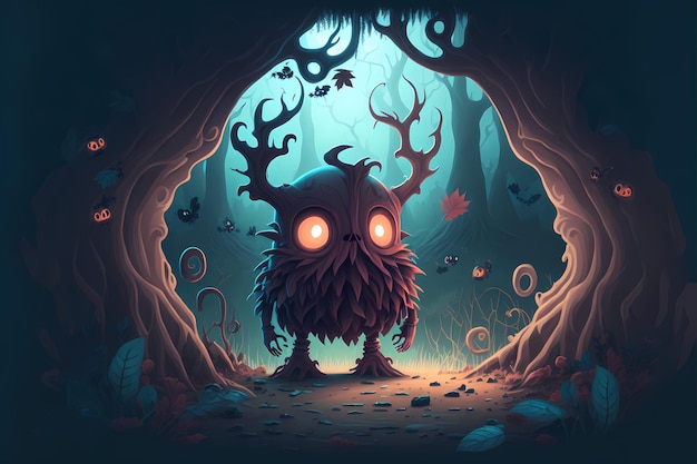 Ilustración de bosque místico de monstruo de fondo, paisaje de estilo de dibujos animados, para el desarrollo de juegos