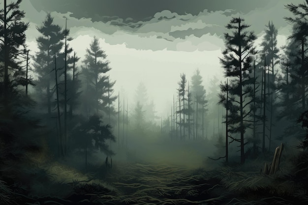 una ilustración de un bosque de niebla con árboles