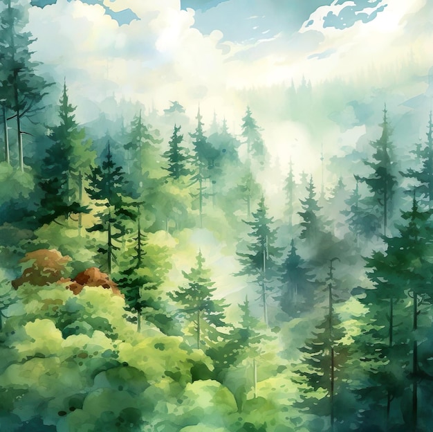 Ilustración de bosque y niebla de día