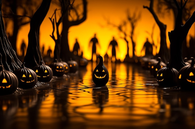 Foto ilustración de bosque o cementerio con linternas de halloween y dos siluetas tarjeta de halloween