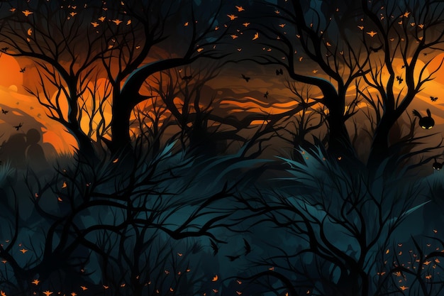 una ilustración de un bosque oscuro por la noche con murciélagos y árboles