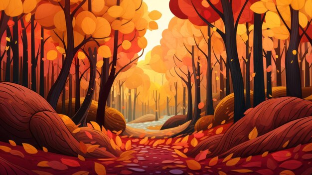 una ilustración de un bosque de otoño con árboles y rocas