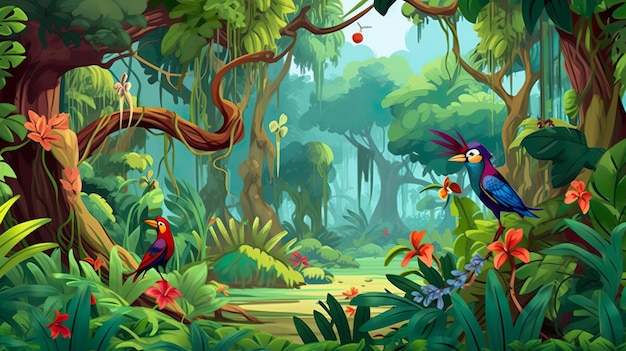 Ilustración de bosque siempre verde de fondo abstracto de un bosque siempre verde con aves tropicales para ac