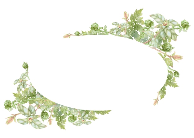 Ilustración botánica en acuarela con marco floral de helechos y follaje