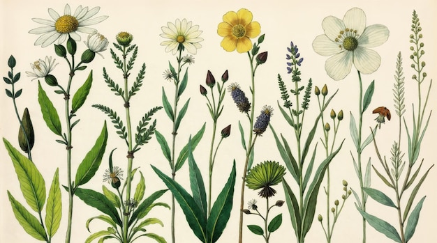 Ilustración botánica en acuarela de varias flores silvestres
