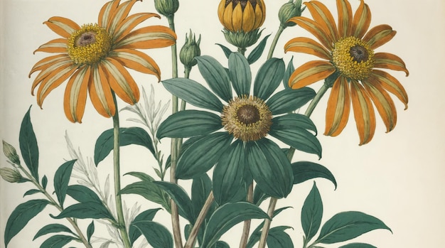 Ilustración botánica antigua de flores de colores