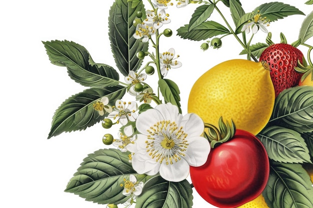 Ilustración botánica antigua de flores y plantas frutales