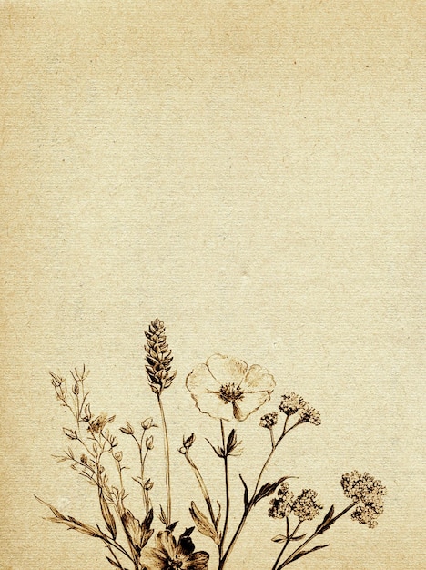 Ilustración botánica antigua de flores silvestres sobre un fondo de papel beige