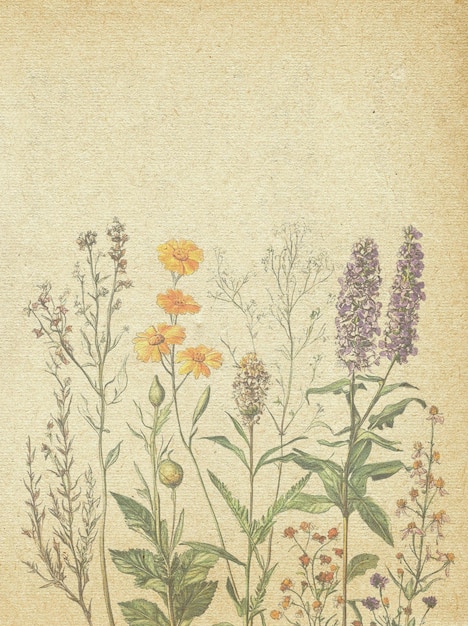 Ilustración botánica antigua de flores silvestres sobre un fondo de papel beige