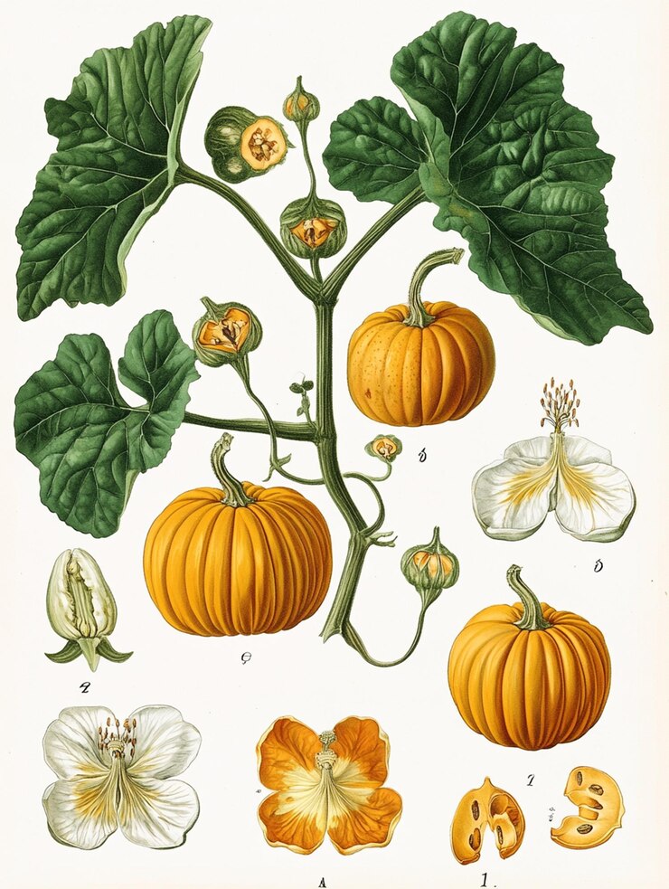 Una ilustración botánica antigua de la planta de la calabaza