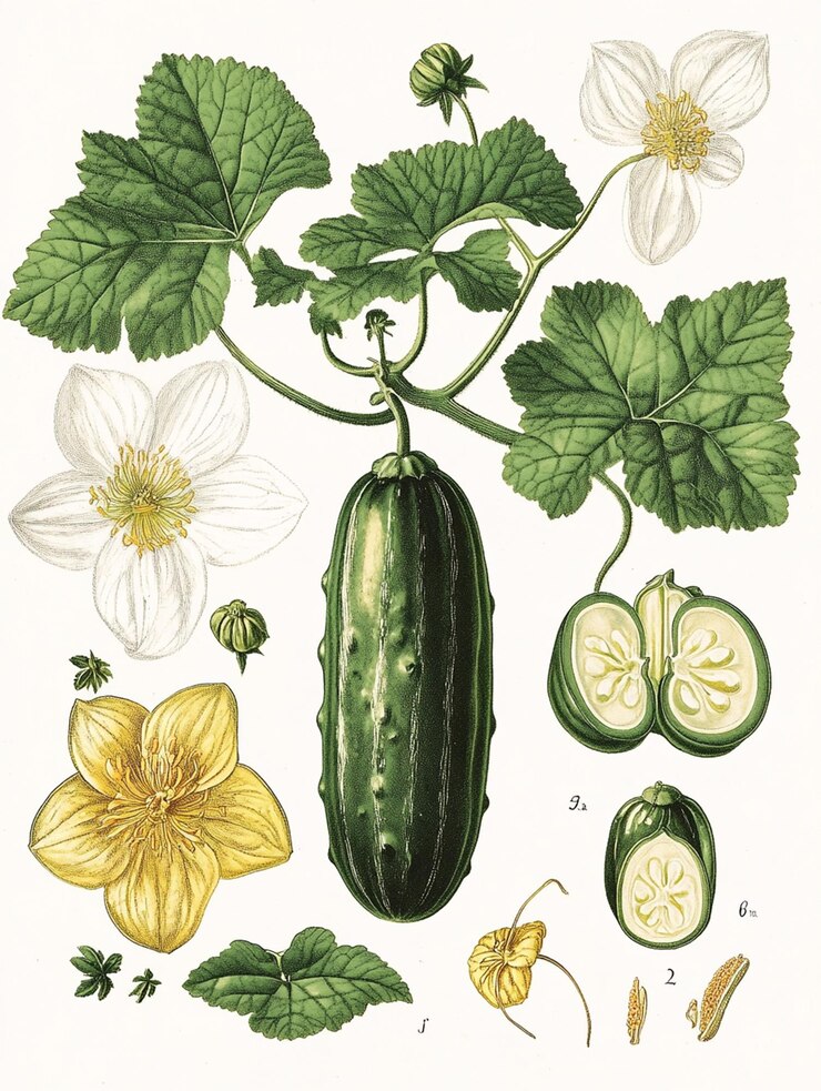 Una ilustración botánica antigua de la planta del pepino