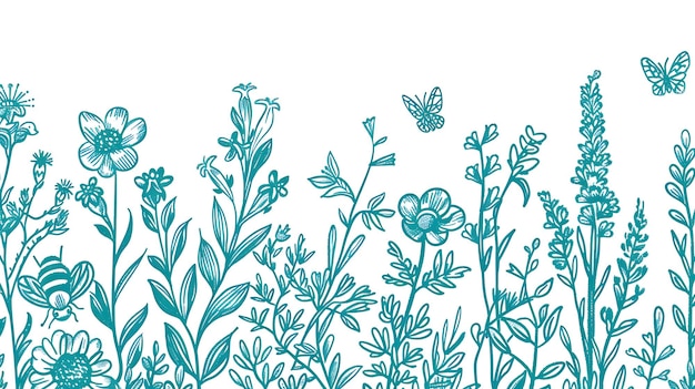 Ilustración botánica delicada y detallada de una variedad de flores y hierbas silvestres