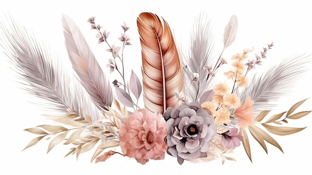 Ilustración botánica de hermosa flor y pluma en escena de acuarela